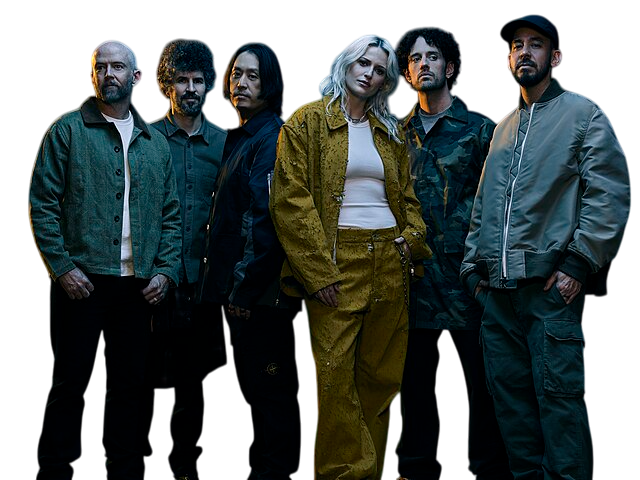 A imagem apresenta o grupo musical Linkin Park, sao pessoas cantando em um microfone